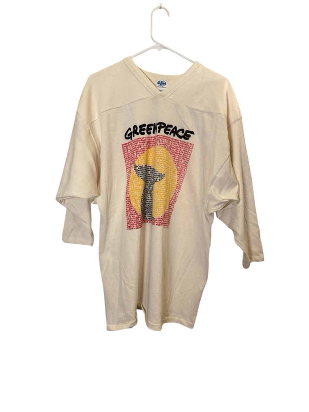 Venus Vintage Athletic Style Novelty Greenpeace Tee 3/4 Sleeve Cotton Blend Sz L